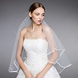 PRETTY SEE Wedding Veil Bridal Tulle Veils with Comb and Lace Ribbon Edge White