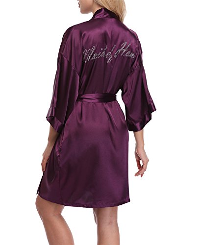 FADSHOW Women's Satin Robes Bridal Dressing Gown Wedding Bride Bridesmaids Kimono Sleepwear,Dark Purple