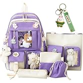 AIDISEN Kawaii Backpack 5pcs Set 17in Aesthetic sports bag with Cute Backpack, Shoulder Bag, Pencil Box, Tote Bag, Small Bag (Purple backpack) 1-2-3