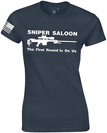 On Target Women's 'Sniper Saloon, The First Round is On Us' Boyfriend Tee (Indigo, Medium)