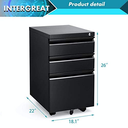 image for INTERGREAT Black 3 Drawer Filing Cabinet with Lock 26 Inch Metal File 