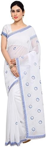 Aksaa Fashion Women's Indian OffWhite Embroidered Blended Cotton Saree, Sari with Unstitched Blouse Piece
