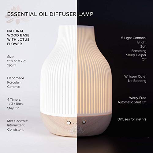 Essential Oil Diffuser Lamp, White Ceramic + Wood, Ultrasonic 180ml, Whispersoft, 4 Timers + 5