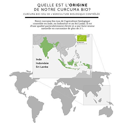 Curcuma Bio capsules – 2150 mg par dose quotidienne. 240 capsules véganes. Testé en laboratoire & certifié bio. Sans stéarate de magnésium. Dosage élevé, végan, fabriqué en Allemagne