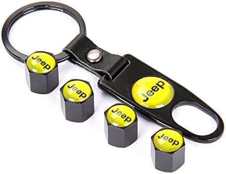 eXeAuto Black Tire Valve Stem Air Caps Cover and Keychain Combo Set For JEEP(Yellow Logo)