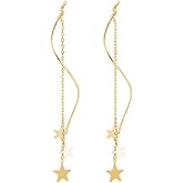 SLUYNZ Sterling Silver Stars Dangle Earrings Chain for Women Teen Girls Curve Stars Dangle Earrings Long Threader