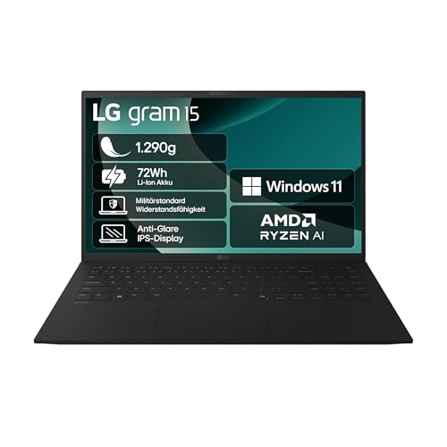 LG gram 15 15Z80T-G.AU75G (15,6 Zoll) IPS Notebook, AMD Ryzen™ AI 7 350, 16GB RAM, 512GB SSD, AMD Radeon™ 860M, federleicht (1,290 kg), 72 Wh, Schwarz