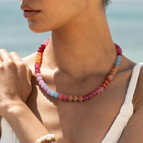 KELORIS PATH Beaded Gemstone Necklaces for Women, Boho Colorful Bead Choker Necklace, Natural Stone Handmade Summer Jewelry for Beach