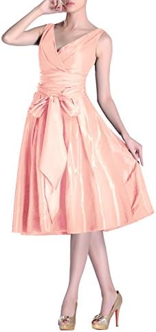 Formal Modest Bridesmaids A-Line V-Neck Pleated Taffeta Tea Length Bridesmaid Dress, Color Baby Pink,Customized