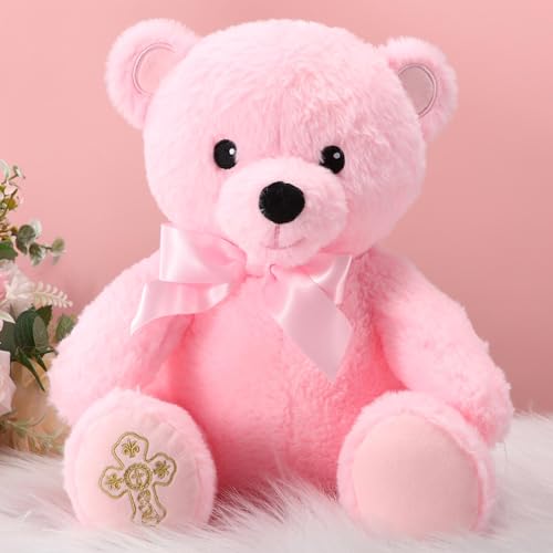 Syhood 12 Inch Baptism Gift Plush Bear Cute Soft Stuffed Animal Bear with Bow and Embroidered Catholic Prayer Christening Gifts for Boy Girl Baptisms Baby Showers Birthday Party Keepsake Favor(Pink)