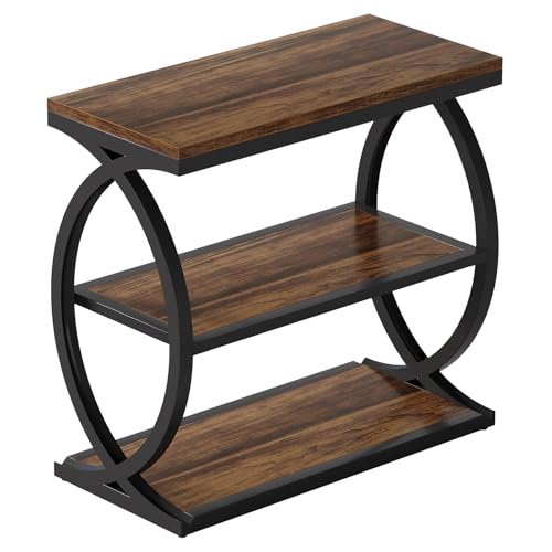 Tribesigns End Table, Narrow 3-Tier End Table for Living Room, Industrial Wooden Side Table with Metal Frame, Small Bedside Nightstand for Bedroom, Small Spaces, Rustic Brown