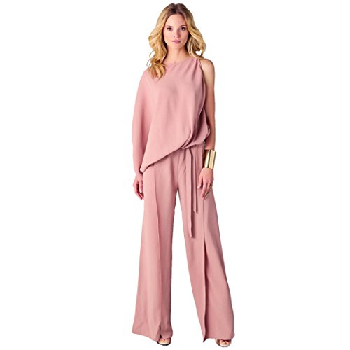 TAORE Women Irregularly Sleeveless Long Loose Belted Playsuit Wide Leg Pants Jumpsuits Rompers (S, Pink)