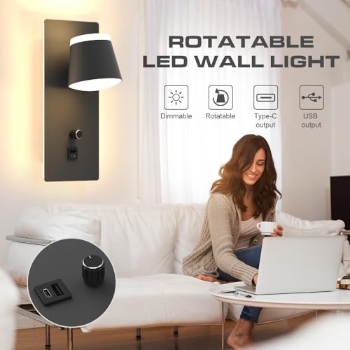 Sytmhoe 2 Pieces Wall Sconces with USB Charging Type C Bedroom, 16 W 3000 K Dimmable Rotatable Lamps for Wall Light Switch, Black Aluminium Led Lights Lamp Reading Lamp Bedside Wall