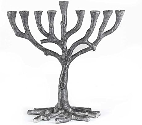 Zion Judaica Hanukkah Menorah Silver Tone Metal Tree of Life Style