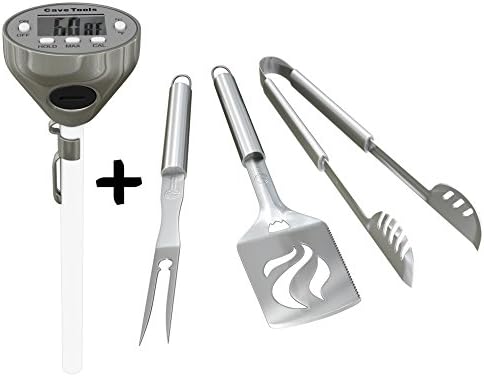 Digital Thermometer + BBQ Grill Tools Set - HEAVY DUTY 20% THICKER STAINLESS STEEL - Barbecue Accessories 3 Piece Utensils with Spatula Tongs &amp; Fork