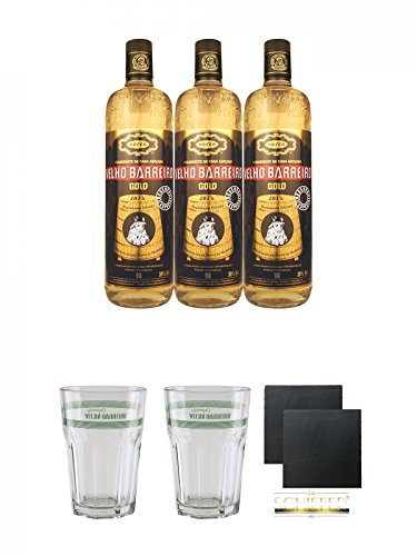 Velho Barreiro Gold Cachaca 3 x 1,0 Liter + Velho Barreiro Caipirinha Glas 1 Stück + Velho Barreiro Caipirinha Glas 1…