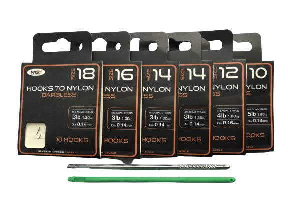 TFS Angling 60 X NGT Barbless Hooks to Nylon.Sizes 18,16,14,12,10, plus Aluminium & Plastic Disgorgers. (A)