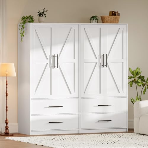 HOOBRO Armoire Wardrobe Closet with 2 Drawers, 180 cm Tall Wardrobe Cabinet with Hanging Rod, 2 Doors Bedroom Armoires, Farmhouse Clothing Storage Cabinet, Wooden Wardrobe for Bedroom, White WT180CW01