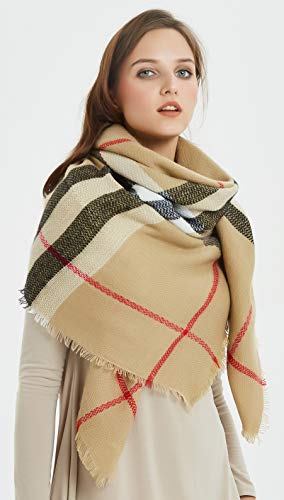 VIVIAN & VINCENT Women's Plaid Blanket Winter Scarf Warm Wrap Oversized Shawl Cape Beige - Thumbnail 3