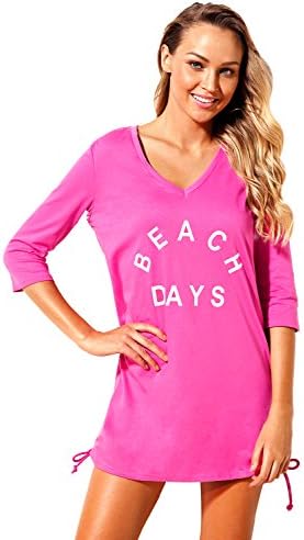 Jevole Women Swimwear Bikini Cover Up Beach Dress T-Shirt Letters Print Baggy Ruched Tie Side V Neck Swimsuit