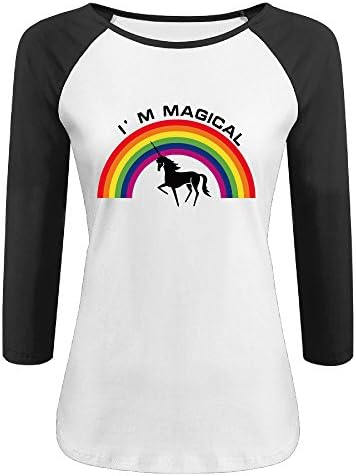 Women's Unicorn And Raibow Magical Contrast Slim Fit 3/4 Sleeve Tee White