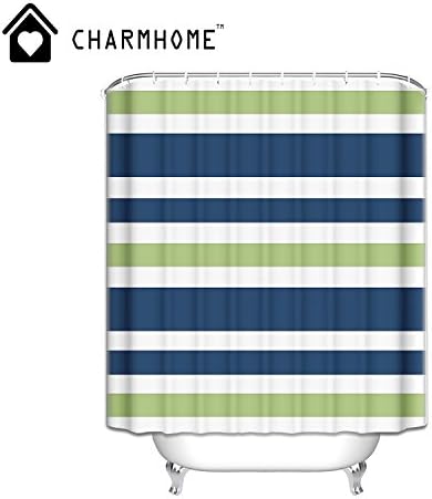 Select Rise Navy Blue, Lime Green And White Kids Bathroom Fabric Bath Stripes Shower Curtain 67X72 inch