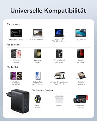USB C Ladegerät, 100W 3-Port Laptop Schnellladegerät mit USB C Kabel, GaN Mehrfach Netzteil für MacBook Air Pro, iPad, iPhone 17 16 15 Pro Max, Samsung Galaxy S25 S24 Ultra, Pixel, Switch 2 etc