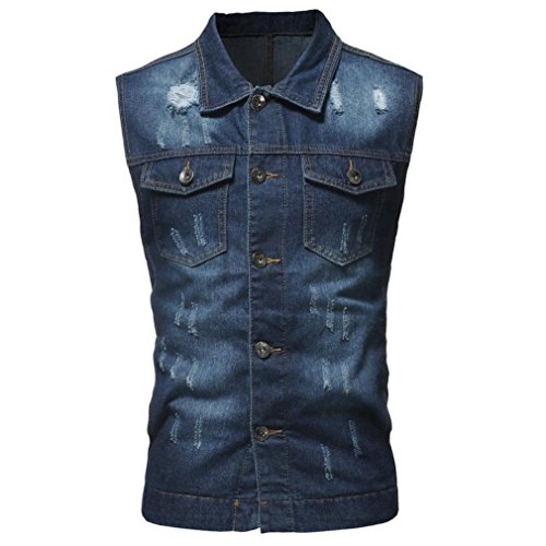 WUAI Clearance Men's Sleeveless Fashion Lapel Vintage Jeans Vest Motorcycle Jacket Waistcoat(Dark blue,US Size S = Tag M)