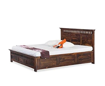 Craftatoz King Size Solid Wood Bed With Box Storage Dark Brown