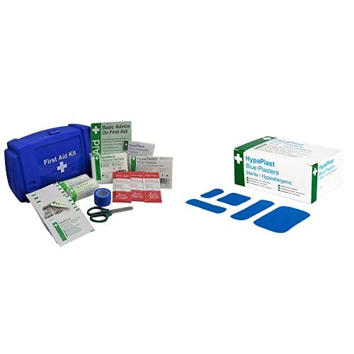 Safety First Aid Evolution Bar/Kiosk Catering First Aid Kit (Blue) with HypaPlast Blue Visually Detectable Plasters, Assorted (Pack of 100) Bundle