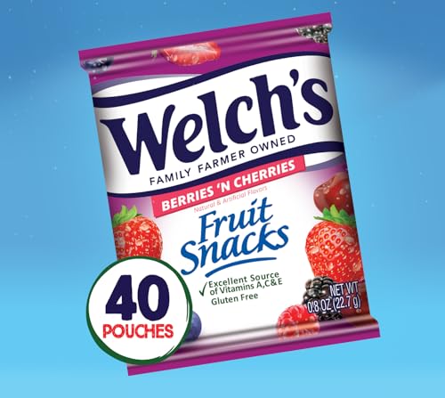 WELCH’S FRUIT SNACKS, BERRIES ‘N CHERRIES, INDIVIDUAL SINGLE SERVE BAGS, 0.8 OZ (PACK OF 40)