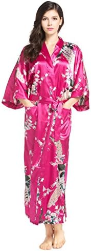 Mocela Women's Kimono Robe, Peacock Design, Long (One Size, Hot Pink)