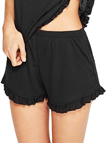 Women's Ruffle Hem Plain Black Pajama Shorts Bottoms Sleepwear