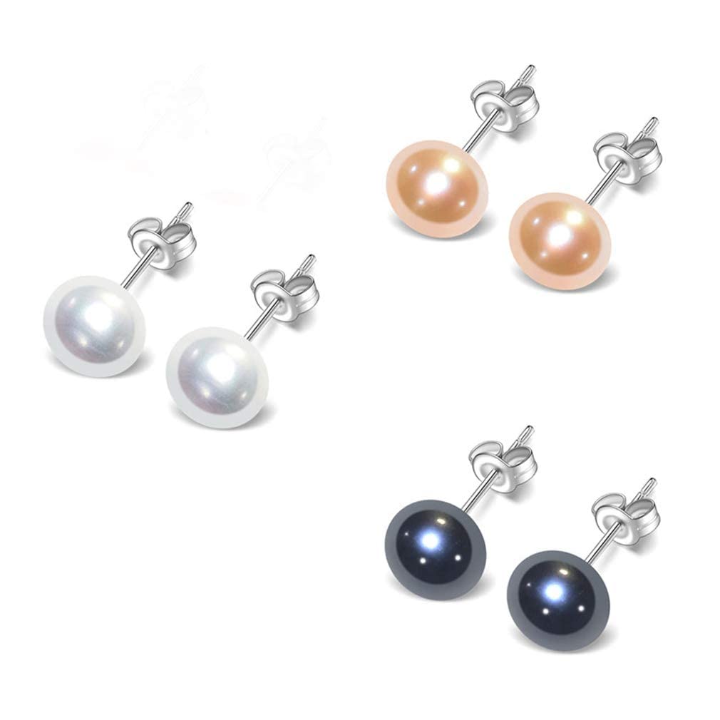 TreasureBay Classic Women's Pearl stud Earrings size 7-8mm colour: Pink/White/Black/Grey/Purple (White + Black + Pink Set)