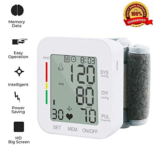 Wrist Blood Pressure Monitor, Digital BP Monitor with Memory Storage, Intelligent LCD Display Automatically Measure Pulse Diastolic Systolic and Shows Hypertension Level (White)
