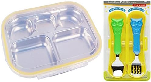 Edison Kids Spoon Fork Set(Owl 2) + Stainless Steel Tray Diet Plate Diet Food Control Tray Bento Kids Lunch Box(Yellow)