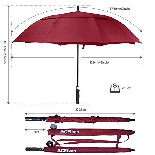 ACEIken Golf Umbrella Windproof Large 62 Inch, Double Canopy Vented, Automatic Open, Extra Large Oversized,Sun Protection Ultra Rain & Wind Resistant Stick Umbrellas (Red) - Thumbnail 2