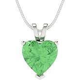 Clara Pucci 2 cttw Green Simulated Diamond White Gold-Plated Silver Necklace and Pendant for Women (18" Box Chain,Heart Cut,8mm)