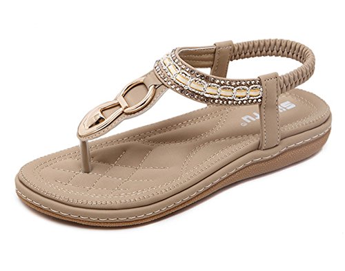 Maybest Women Sandwich Sandals Rhinestone Clip Toe Beach Shoes Elastic T-Strap Bohemia Flat Slippers Thongs Flip Flop Apricot 8 B (M) US