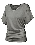 BIADANI Womens Short Dolman Sleeve V-Neck Solid Shirring Drape Tunic Top Shirt Heather Grey Medium