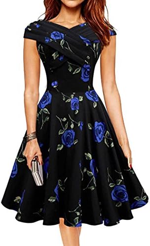 VINDOOXI 1950s Women's Rose Print Short Sleeve Party Ball Dress (XS, # 2 Blue)