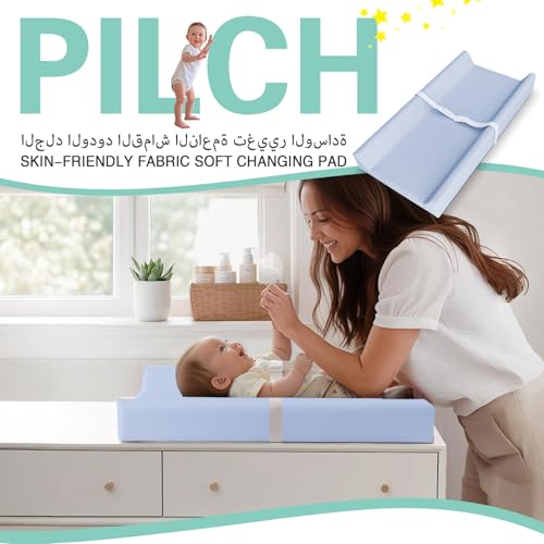 Baby Changing Pad, PU Waterproof Diaper Changing Mat with Safety Strap, وسادة تغيير حفاضات الأطفال Portable Diaper Changing Pad, Breathable Contoured Changing Table Pads for Infant, 31.25"X16", Blue