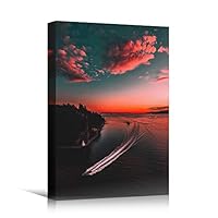 Canvas Wall Art Dark Ocean Sunset Bedroom Contemporary Dramatic Landscape Mountain Multicolor Photography - 12x18 inches