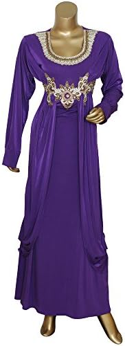 Round Neck Long Sleeve Spandex Kaftan With Stone and Pearls/Gown/Medium/1362/1/48 (Large, Purple)