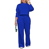 PINSV Women's 2 Piece Outfits Sweatsuit Set Long Sleeve Crop Top Drawstring Wide Leg Pants with Pockets Tracksuits Casual Set