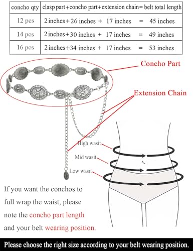 TOPACC Western Metal Concho Belt for Women Cowgirl Chain Belts for Dresses Jeans Country Concert Outfit