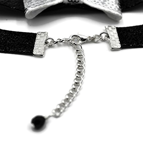 Arthlin Silver Bowtie Necklace Accessory for Women, Silver Sequins Bow and Black Glitter Band