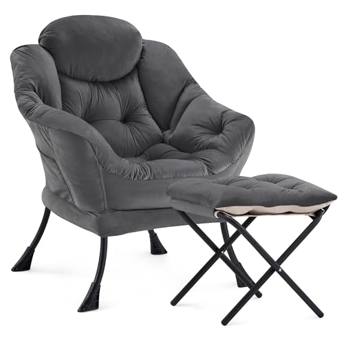 Zedachica Lazy Chair with Ottoman, Modern Upholstered Accent Armchair with Foot Stool, Lounge Reading Chair for Adults, Leisure Living Room Chair with Side Pocket for Bedroom, Dorm, Darkgrey