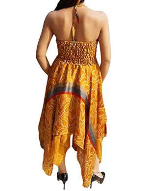 Flora Womens Halter Dress Handkerchief Hem Recycled Sari Summer Resort Fashion Sundress S/M
