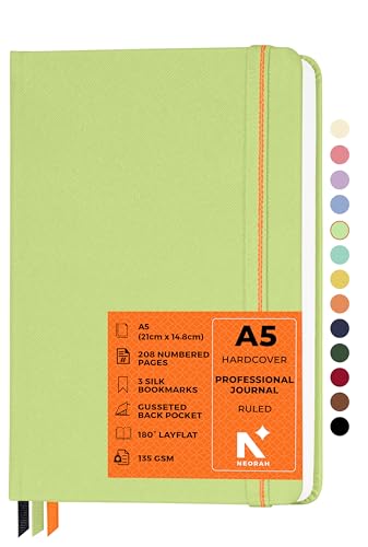 NEORAH—A5 Lined Journal Notebook- 208 Pages-135 gsm|PRO SERIES Journal(210x148 mm)-Hardcover Notebook-Includes Back Pocket|3 Silk Book Mark |Completely HANDMADE for journaling,Note Taking-LIGHT GREEN